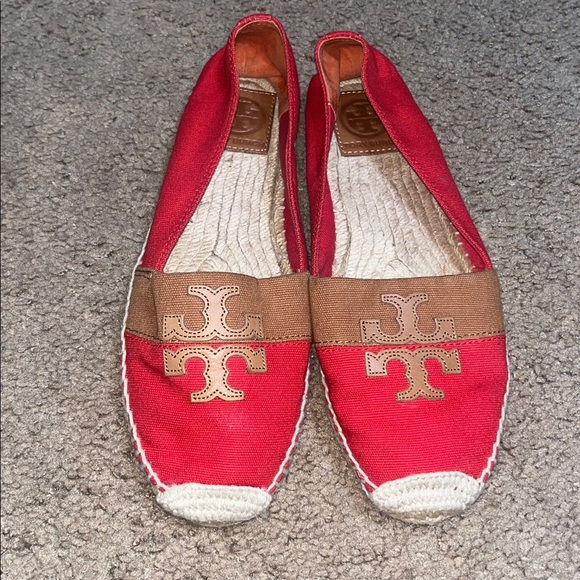 Tory Burch Jamie Woven Canvas Espadrille Red Canyon Tan Logo Flats 10 - Picture 3 of 9